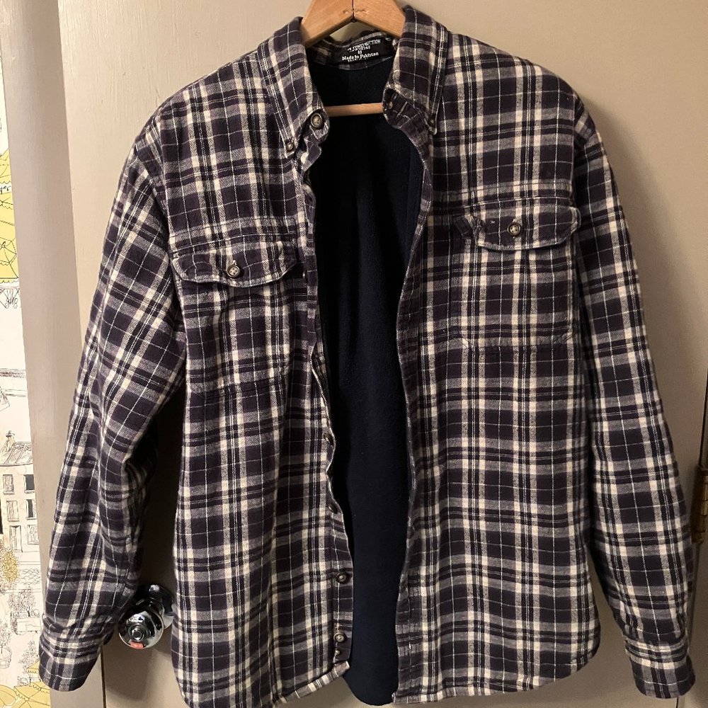 Heavy Construction Men's Blue Plaid Flannel Quilted Fleece Jacket, Size Medium